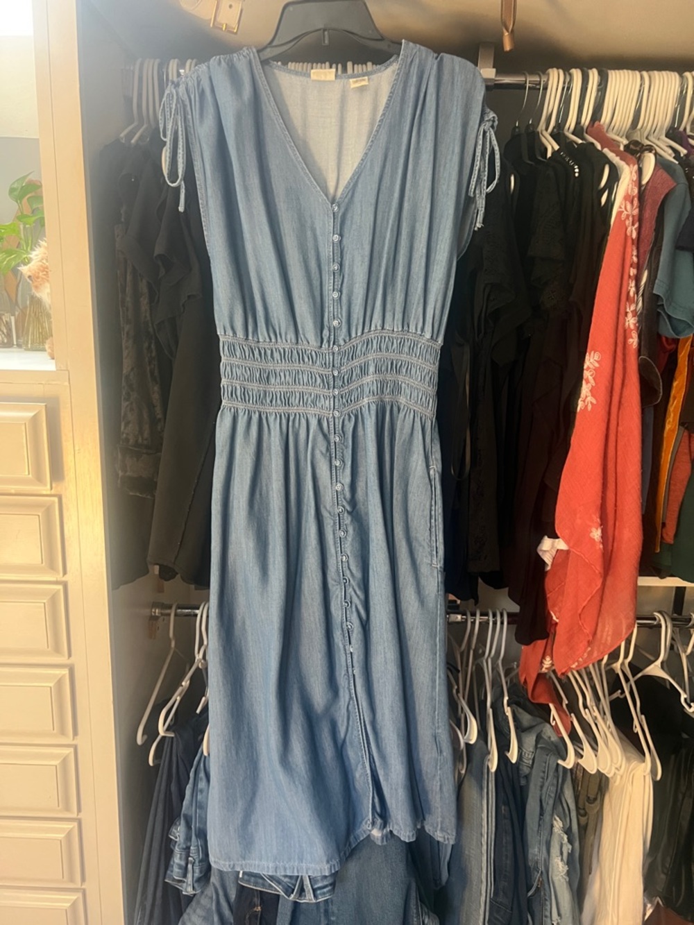 Levi's Denim Blue Button-Front Midi Dress with Smocked Waist
